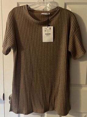 Zara Metallic Ribbed Short Sleeve Top - Taupe